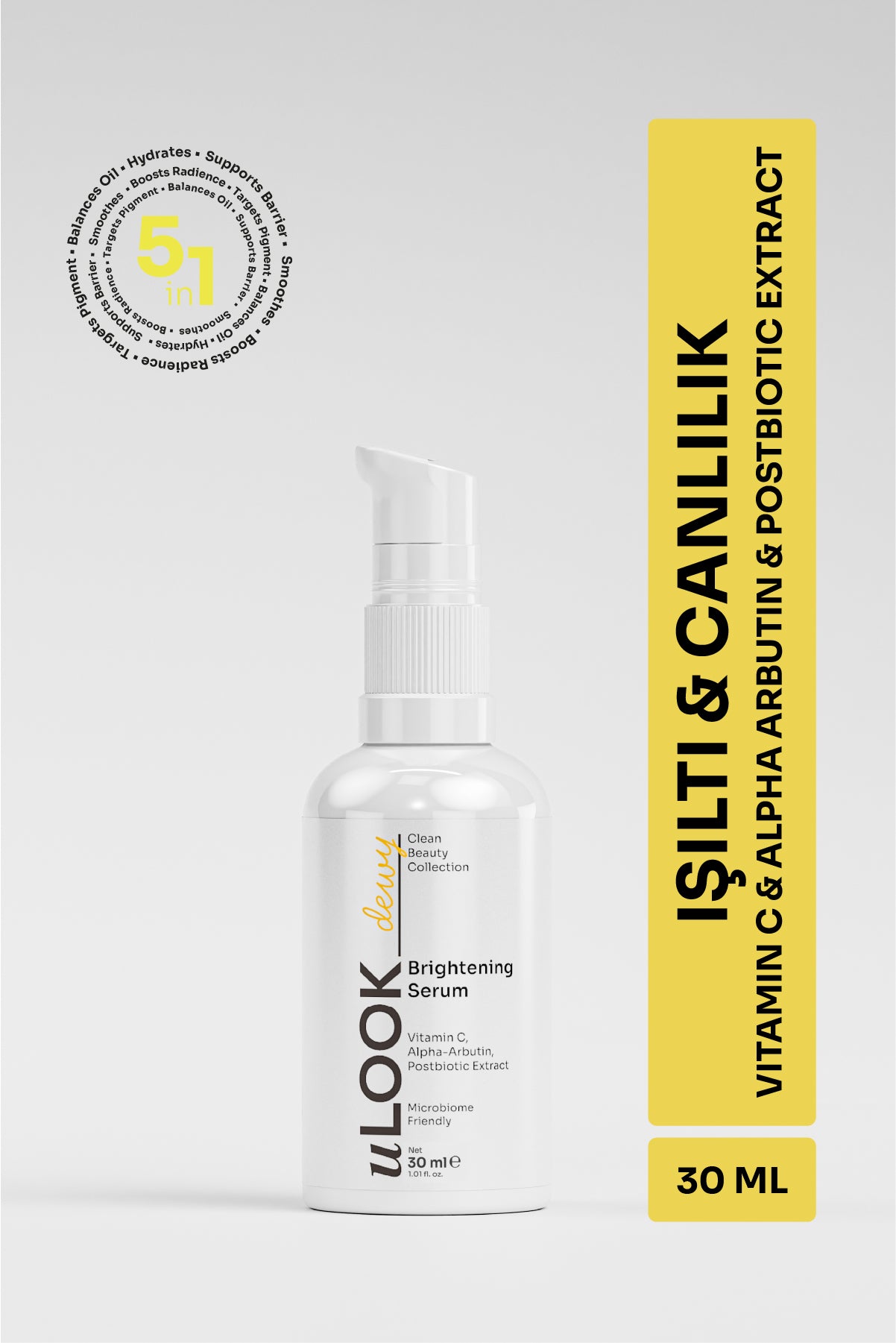 uLook Skincare serum bottle with yellow label on a light gray background TR