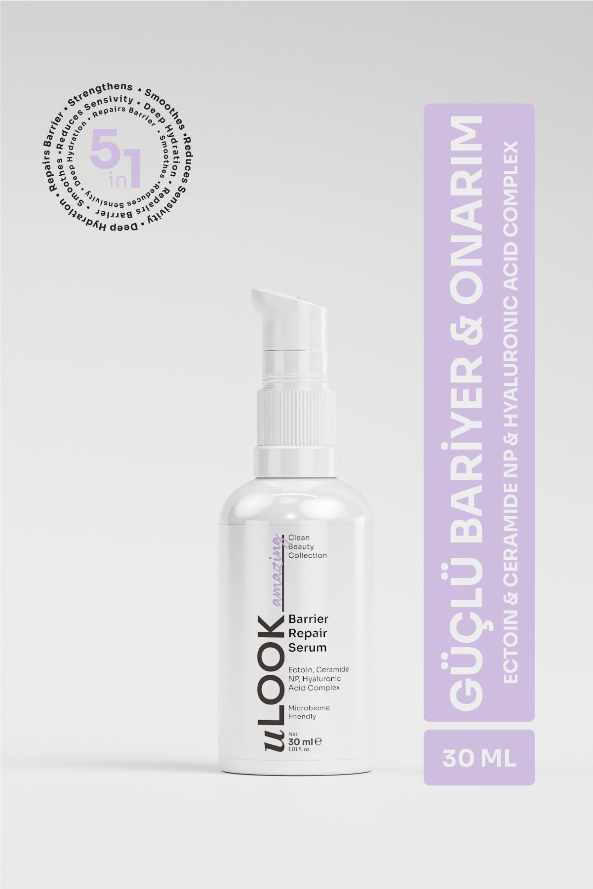 Skincare serum bottle with packaging on a light gray background TR